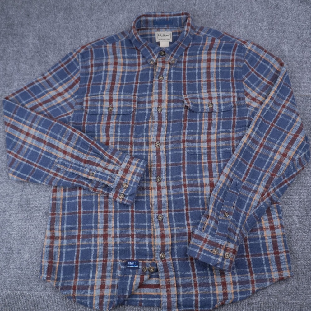 LL Bean Flannel Shirt Mens Medium Blue Burgundy Plaid Slightly Fitted Button Up